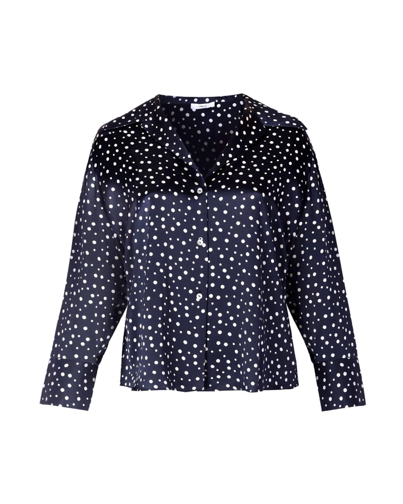 Front of a size 1X Dot Fitted Collar Blouse in NAVY by Vince. | dia_product_style_image_id:225414